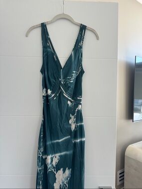 Burning Torch Teal and White Batik Silk Maxi Dress